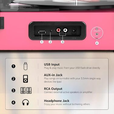 Вініловий програвач Udreamer з Bluetooth, вбудованими динаміками, ремінним приводом, 3 швидкості, вінтажний рожевий для музики та декору
