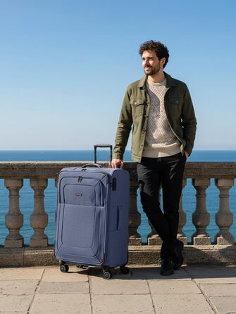Набір валіз REDOLZ 3 шт. для жінок та чоловіків | Легкі та міцні валізи-ролики, якісний софт-кейс, 4 подвійні колеса, TSA-замок, розширювані | Blue, L (79 см)