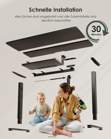 Електричний стіл OffiGo, 100x50 см, з підставкою для клавіатури, 3 режими пам'яті, для роботи та навчання, білий