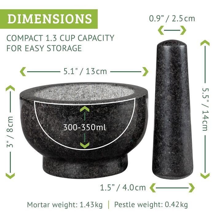 Гранітний ступка з толуштою Morzer – ступка та толуштка для спецій, 16 см, 500 мл