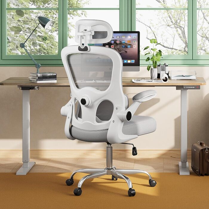 Офісне крісло Devaise Ergonomічне, з підтримкою попереку, 3D-підголівник, регульовані підлокітники, дихаюча сітка спинки, функція гойдання, для офісу та дому, до 150 кг, сірого кольору