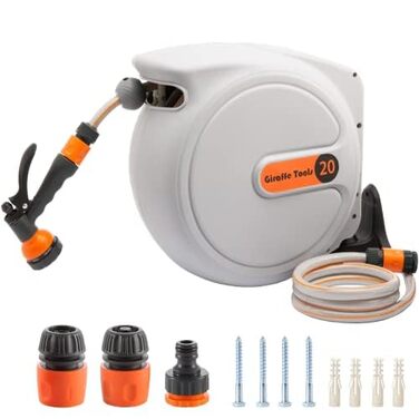 Автоматичний барабан для садового шланга Giraffe Tools 20м + 2м, настінна шланговий бокс з поворотним механізмом 180° та 7-позиційною насадкою та білим з'єдчним шлангом