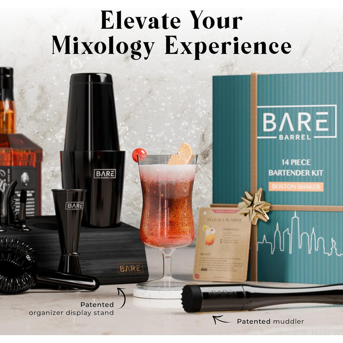 Набір для коктейлів BARE BARREL Pro: 14 предметів, Boston Shaker 0.8L (Чорний)