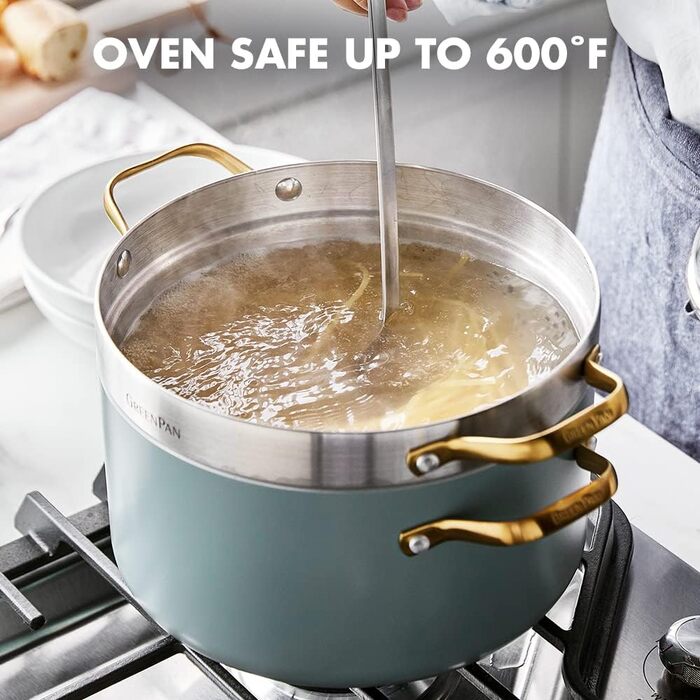 Каструля GreenPan Padova Reserve з антипригарним покриттям Hartelox, 18 см, 2 л, з кришкою з термостійкого скла, PFAS-free, для індукційних плит, з золотим ручками, придатна для миття в посудомийній машині та для випікання, колір: Димчастий блакитний (з ф