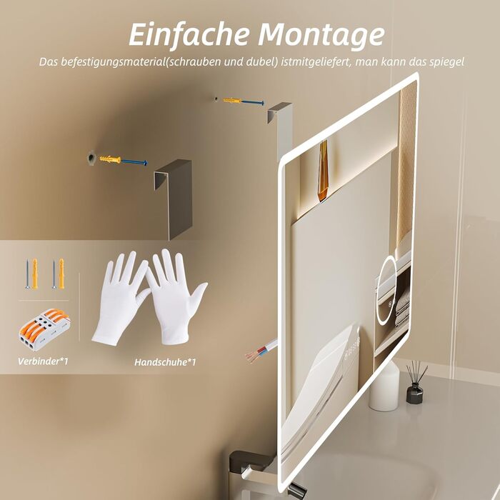 Дзеркало для ванної кімнати HySail з підсвічуванням, 5 мм, висока роздільна здатність, срібне покриття, 3 колірні температури, регульована яскравість, антизапар, сенсорне керування, прямокутне (3 кольори + регулювання + дзеркало для макіяжу + годинник, 80