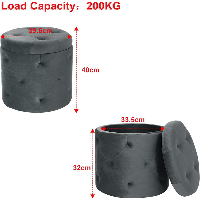 Табурет для зберігання eSituro 27 л оксамит, круглий 40x40 см, м'який табурет, сірий SOM0108 темно-сірий