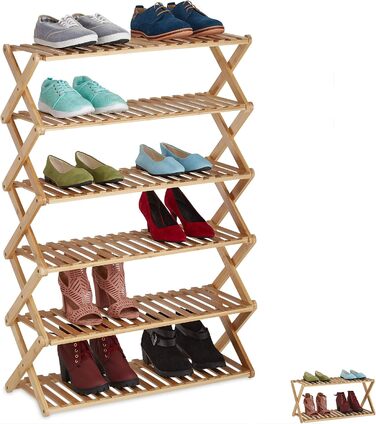 Бамбукова підставка для взуття Relaxdays, складна, 6 рівнів, 18 пар взуття