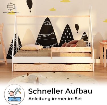 Ліжко-платформа Smartwood Hausbett для дітей Montessori Tipi F з сосни з сертифікатом FSC, захист від падіння, ламелі до 230 кг, для хлопчиків та дівчаток, проста збірка (60x120, білий) з ящиком