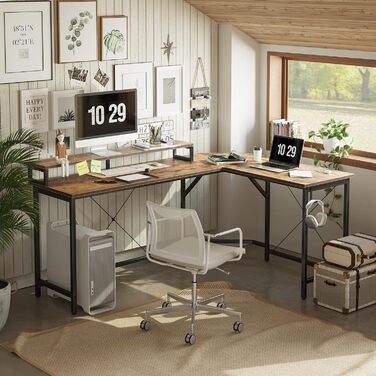 Ігровий стіл CubiCubi L-подібний, 150x120 см з підставкою для монітора та кишенькою, вінтажний коричневий