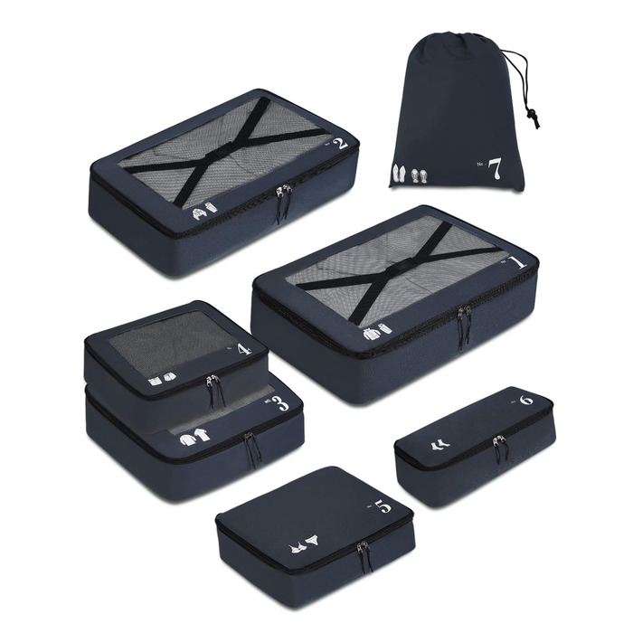 Набір органайзерів для валізи ECOHUB, 7 предметів, дорожні пакувальні куби з рецикльованого PET, темно-синій