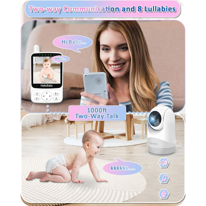 Радіоняня HelloBaby з камерою, 29 год автономії, поворотна камера 318°/120°, нічний режим, 2-сторонній зв'язок HB6240