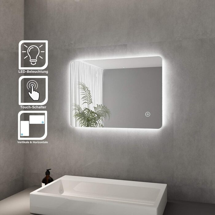 Елегантне дзеркало для ванної кімнати з LED-підсвічуванням 45 x 60 см, холодне біле світло, IP44, енергозберігаюче, настінне