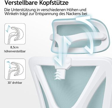 Ергономічне офісне крісло DoChair, висока спинка, 3D підлокітник, регульований, світло-блакитний