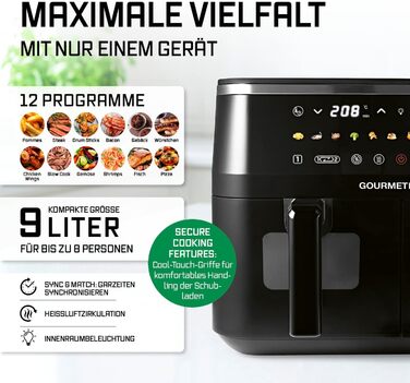 Фритюрниця повітряна GOURMETmaxx з 2 камерами | Об'єм 10л | Вертикальна, з сенсорним дисплеєм