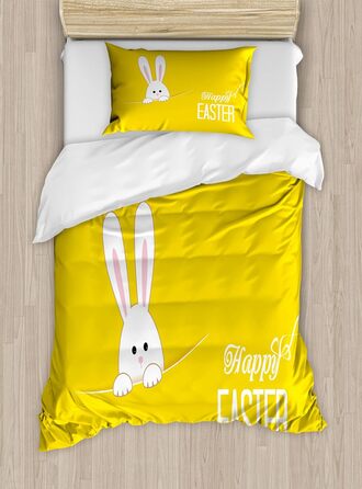 Жовтий набір підковдр для односпальних ліжок, Великодній кролик-кролик, Захист від кліщів Allergy Friendly з наволочкою, 130 x 200 см - 70 x 50 см, Yellow White 130 x 200 см - 70 x 50 см Yellow White