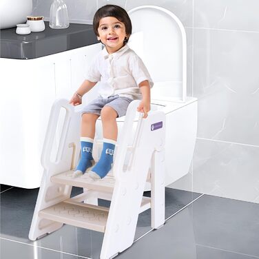 Дитячий триступеневий стільчик Funecho з регулюванням висоти, ручками та антиковзними сходинками. Легкий пластиковий дизайн для ванної кімнати, кухні та безпеки (Верблюд)
