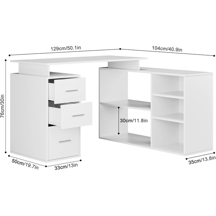 Кутовий письмовий стіл FirFurd L-подібної форми з шухлядами та полицями, 129x104x76 см, білий