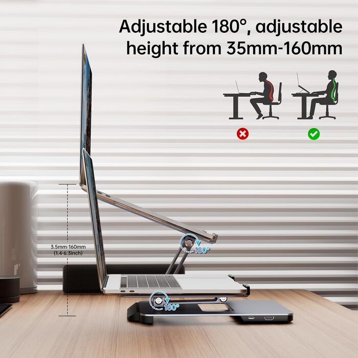Підставка для ноутбука BENFEI з алюмінію та USB-C док-станцією 6в1, HDMI 4K@60Hz, 4*USB3.0, 100W PD, сумісна з MacBook Pro/Air, iPad Pro, XPS, Thinkpad
