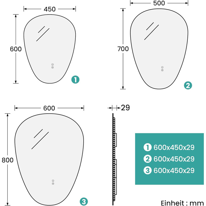 Дзеркало для ванної кімнати EMKE з підсвічуванням 80x60 см, з полицею, антизапар, регульоване холодне біле світло 6500K, сенсорне управління, функція пам'яті, асиметричне дзеркало для ванної кімнати (70L x 50B см)