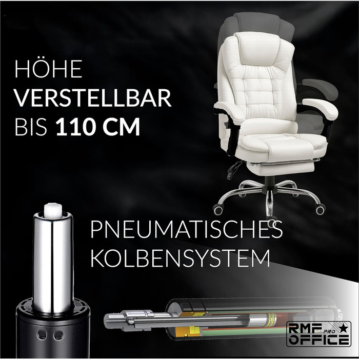 Ергономічне крісло для офісу RMF, регульоване, зручне та розслаблююче - крісло з підніжкою, обертається, регулюється по висоті, біле