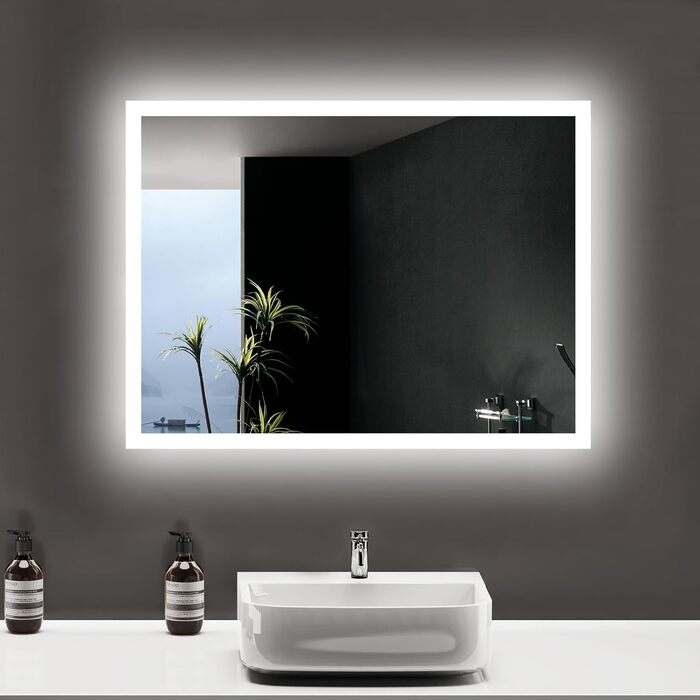 Дзеркало для ванної кімнати з підсвічуванням LED, антизапар, 2 кольори світла (3000K/6500K), нахильний вимикач, прямокутне, 45x60 см