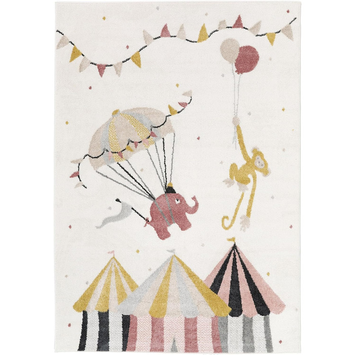 Мавпячий цирк, Дитячий килимок, Дитячий килимок для дітей, Ігровий килимок для немовлят, Сучасний дизайн, Короткий ворс, Без шкідливих речовин, Брудно-білий/Синій (100 x 160 см, Брудно-білий/Рожевий)