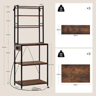 Кухонна полиця WOLTU з 6 ярусами, з розетками, мікрохвильова полиця з 6 гачками, полиця пекаря з металевим каркасом, регульовані полиці, Чорний+Рустикальне коричневий, 60 x 167 x 40 см