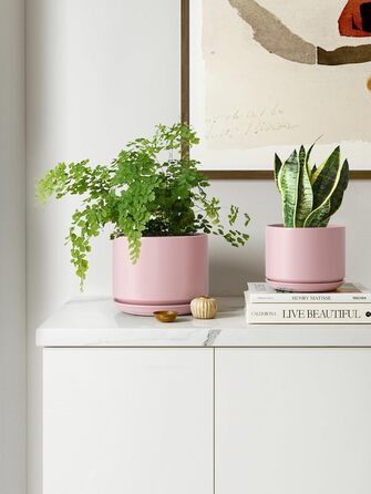 Набір горщиків для квітів LE TAUCI (3 шт.) з кераміки, діаметр 11, 13, 17 см, з підставками та дренажними отворами, реактивна глазур, бежево-рожевий