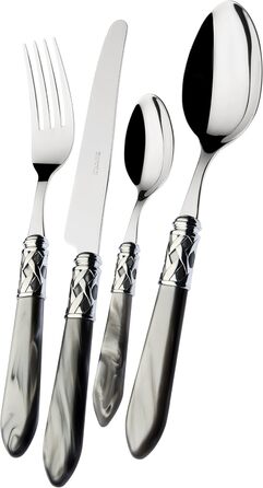 Набір столових приборів Bugatti Aladdin 24 штуки з нержавіючої сталі 18/10, хромуванням та ручками з ефектом перламутру. Комплект на 6 осіб: 6 ложок, 6 виделок, 6 ножів та 6 чайних ложок (сірий)