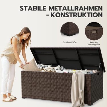 Водонепроникний садовий ящик Amopatio Gartenbox 650л з поліротангу для подушок, металевий з газовими амортизаторами, для саду та балкону, коричневий