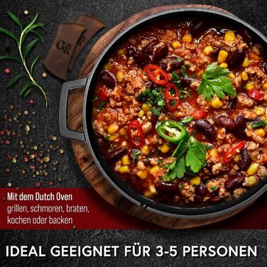 Голландська піч 2в1 з чавуну, 4.8л + сковорода з чавуну 1.8л - набір посуду для приготування, BBQ, кемпінгу та кухні. З кулінарною книгою та аксесуарами. 30 років гарантії. Чорний колір.