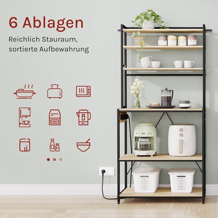 Кухонна полиця WOLTU з 6 ярусами, з розетками, для мікрохвильової печі, з металевим каркасом, регульовані полиці, Чорний+Рустикальний коричневий, 60 x 167 x 40 см
