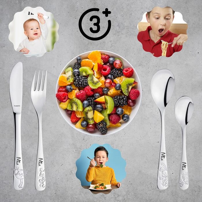 Дитячий столовий прилад Kuppels з гравіюванням імені – набір столових приладів для дітей від 3 років, 4-частинний, нержавіюча сталь, придатний для миття в посудомийній машині – персоналізований хрещення для дівчаток та хлопчиків, друзі лісу
