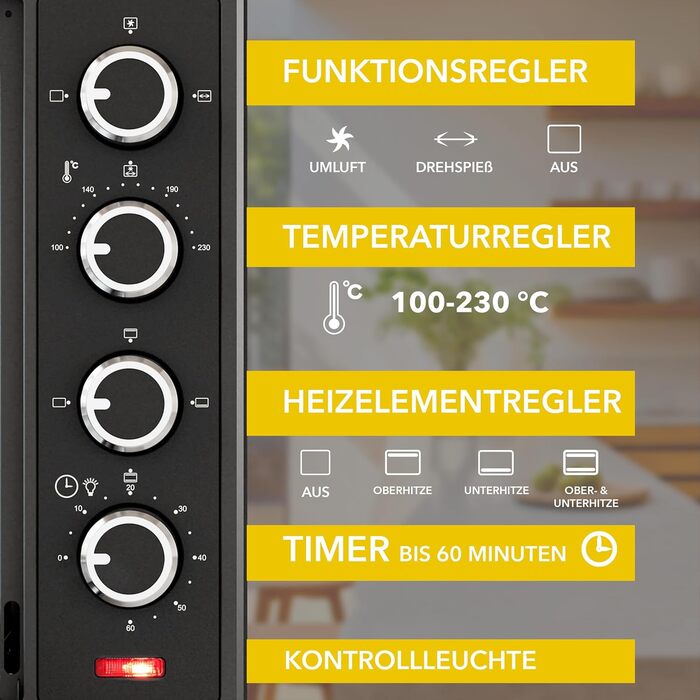 Багатофункціональна міні-піч Heinrich's 48L з конвекцією, таймером, підсвічуванням, 100-230°C, сенсорне керування, з аксесуарами, чорна, 2000W
