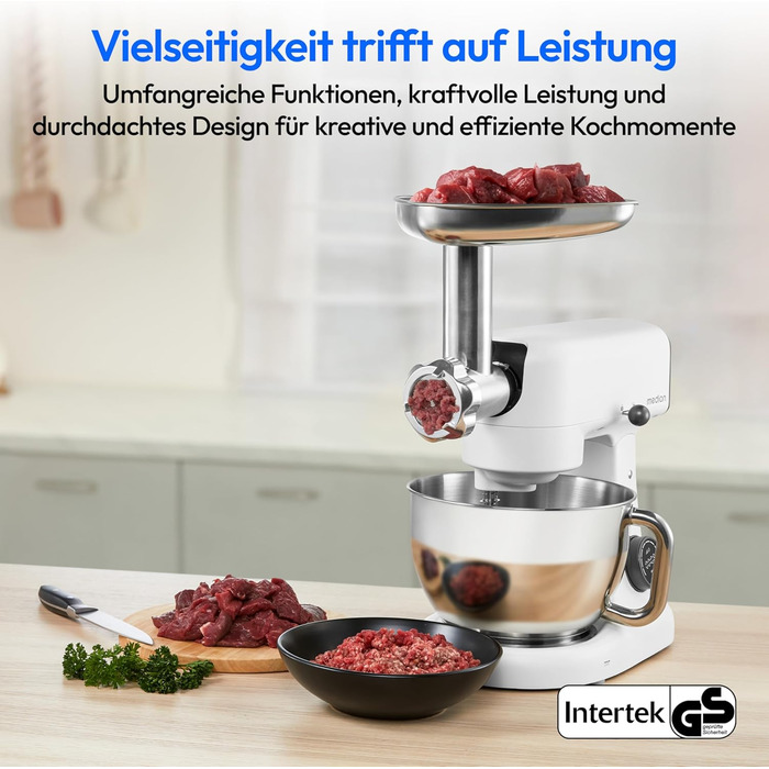 Кухонна машина MEDION MD 12600 з м'ясорубкою, 4.6 л чаша з нержавіючої сталі, тихий двигун, 800 Вт, набір насадок для натирання, шинкування та нарізання, сенсорний дисплей, міксер, тістоміс