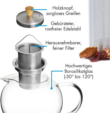 Скляний заводський чайник скляний (1,3 л) - Чайник з ситечком з нержавіючої сталі - Чайник скляний чайник з кришкою і благородним чайником