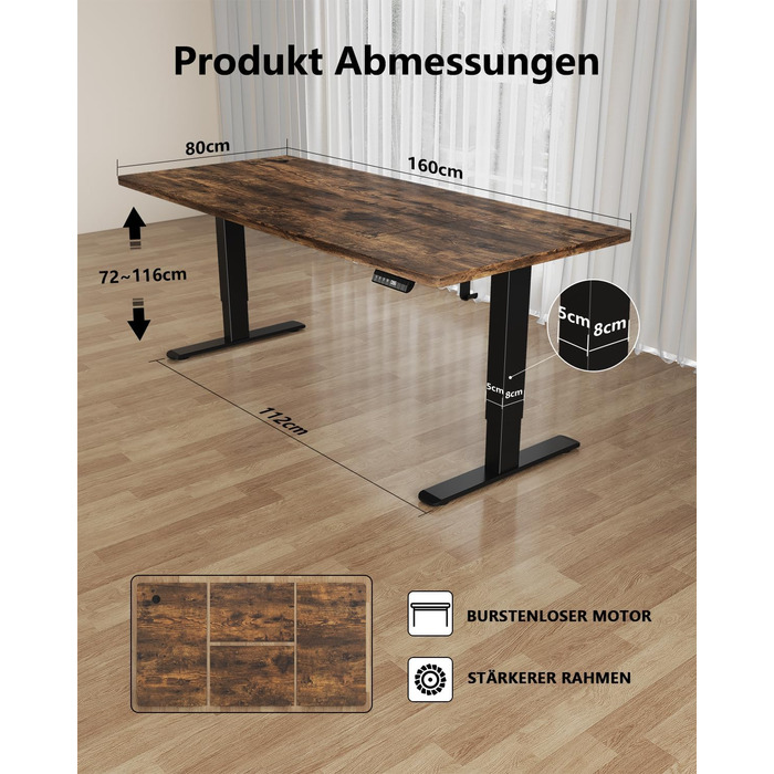 Регульований стіл Flamaker 160x80 см: електричний, з пам'яттю, для офісу, комп'ютерний, з кабелеуправлінням, коричневий вінтаж