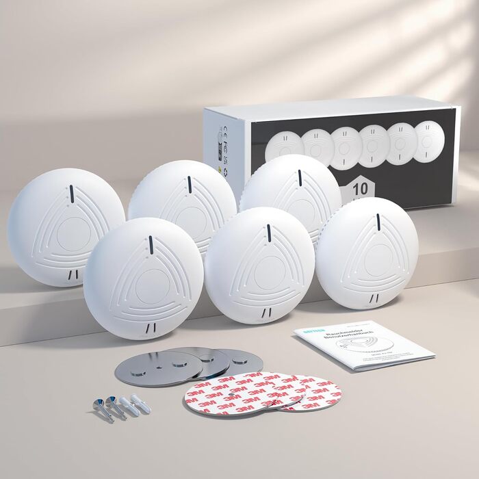 Набір димових сповіщувачів DAYTECH (6 шт.) з батареєю на 10 років, магнітним кріпленням, сертифікацією TÜV Rheinland, 85dB, тестуванням/вимкненням звуку, для спалень та дитячих кімнат – білий