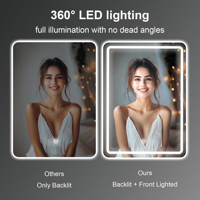 Дзеркало для ванної кімнати MYGIIVOVO з підсвічуванням LED, сенсорне керування, 3 кольори, 60x45 см