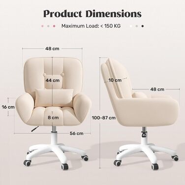 Ергономічне крісло 2-в-1 для дому та офісу: обертове, регульоване по висоті, з подушкою, велюр, бежеве