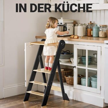 COSYLAND Монтессорі навчальний столик-сходинка для дітей від 1 року, регульована висота, складаний | Навчальний столик-сходинка для кухні | Темно-сірий-натуральний | COSYLAND
