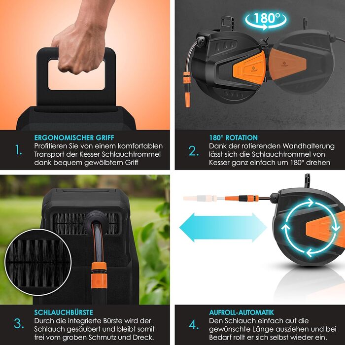 KESSER® Автоматична карусель для шланга 15 м + 2 м, настінна коробка для шланга з автозмотуванням, роликовий механізм для садового шланга, поворотна на 180°, набір з багатофункціональною лійкою з 9 режимами, 2 насадки, помаранчевий