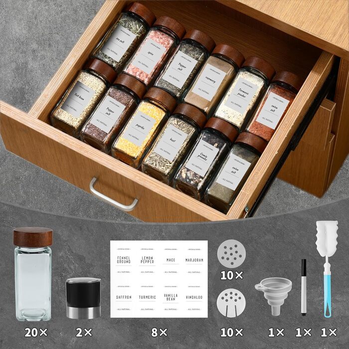 Набір скляних банок для спецій FRIBERG (20 шт.) з дерев'яними кришками, млини для спецій, етикетки