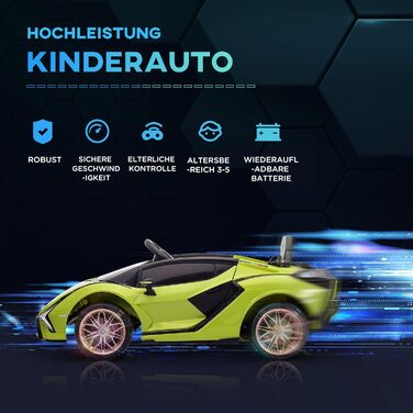 Електромобіль для дітей Lamborghini SIAN 12V, з пультом, музика, світло, металевий, зелений, 108x62x40 см, 37-60 місяців, HOMCOM