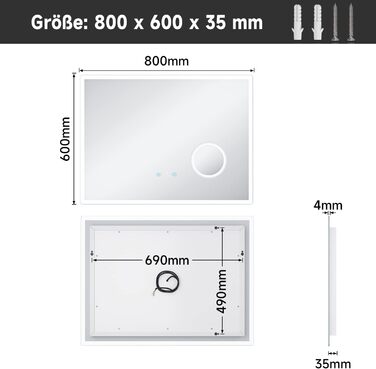 Дзеркало для ванної кімнати SONNI з підсвічуванням 80x60 см, 3 кольори світла, проти запотівання, LED, сенсорне керування, годинник, температура, 3-кратне збільшення