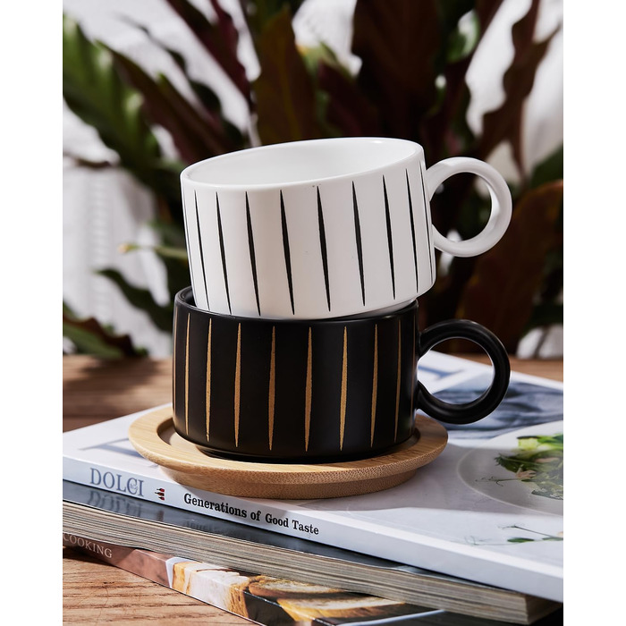 Набір кавових чашок Cappuccino HOME DECOR (4 шт, 160 мл) з підставками та стійкою - 160 мл, Stripe, кераміка