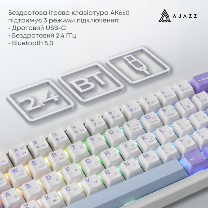 Бездротова механічна клавіатура Ajazz AK650 Flying Fish Switch - Purple (AK650-FF-PWB)
