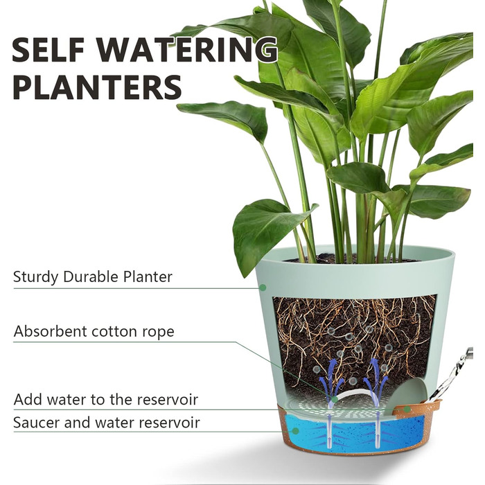 Набір горщиків для квітів 2 шт. 25.4 см, пластикові горщики з системою поливу, сучасний дизайн для дому, балкону, саду, сукулентів, кактусів (зелений) (зелений, коричневий, 20.3 см)