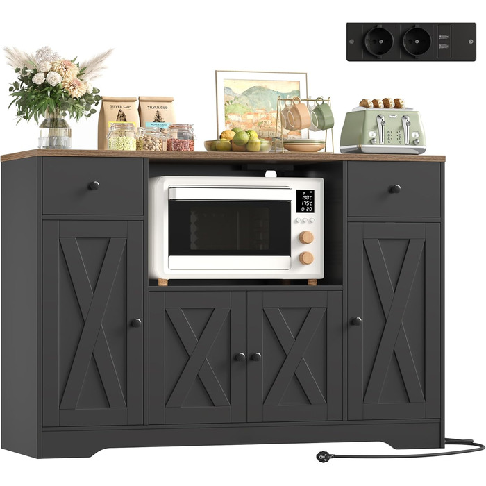 HOCSOK Комод-буфет 120 см для кухні, вітальні, їдальні. Шафа з розеткою, полицями та місцем для мікрохвильовки. 120×85×40 см, білий (чорний)