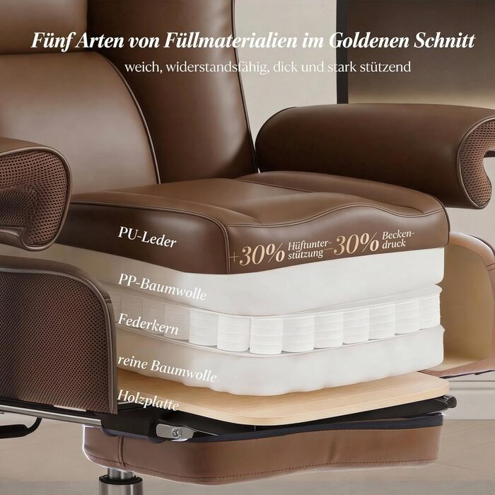 Офісний стілець Efomao XXL 200 кг з підставкою для ніг, штучна шкіра, висока спинка, регульовані підлокітники, підтримка попереку, сірий. Для дому та офісу